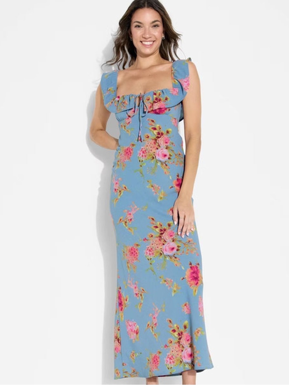 Flounce Sleeve Empire Waist Floral Ruffle Square-Neck Maxi Dress - Blue